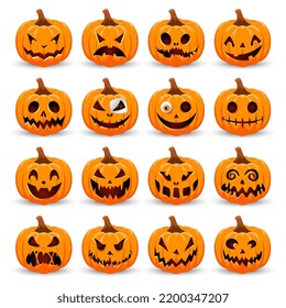 Happy Halloween collection pumpkins. Pumpkins isolated. Main symbol of Happy Halloween holiday. Collection orange pumpkins with scary spooky smile Halloween. Vector illustration