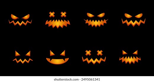 Happy Halloween collection pumpkins. Pumpkins isolated. Main symbol of Happy Halloween holiday. Collection orange pumpkins with scary spooky smile Halloween. Vector illustration. Face pumpkins.