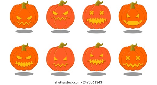 Happy Halloween collection pumpkins. Pumpkins isolated. Main symbol of Happy Halloween holiday. Collection orange pumpkins with scary spooky smile Halloween. Vector illustration. Face pumpkins.