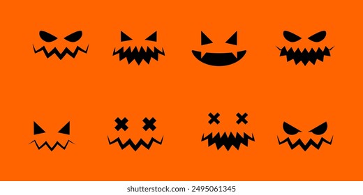 Happy Halloween collection pumpkins. Pumpkins isolated. Main symbol of Happy Halloween holiday. Collection orange pumpkins with scary spooky smile Halloween. Vector illustration. Face pumpkins.