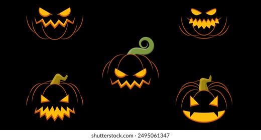 Happy Halloween collection pumpkins. Pumpkins isolated. Main symbol of Happy Halloween holiday. Collection orange pumpkins with scary spooky smile Halloween. Vector illustration. Face pumpkins.