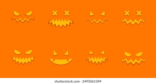 Happy Halloween collection pumpkins. Pumpkins isolated. Main symbol of Happy Halloween holiday. Collection orange pumpkins with scary spooky smile Halloween. Vector illustration. Face pumpkins.