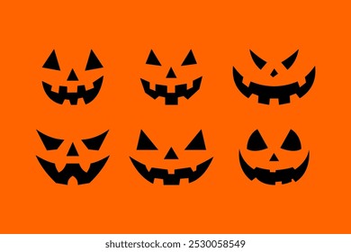 Happy Halloween collection pumpkins. Pumpkins isolated. Main symbol of Happy Halloween holiday. Collection orange pumpkins with scary spooky smile Halloween. Vector illustration.