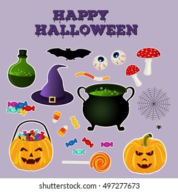 Happy Halloween collection of related holiday objects. Bright color icons set. Pumpkin, cauldron with potion and ingredients, hat and other traditional witches attributes. Vector illustration