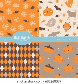 Happy Halloween collection. Set of seamless vector patterns with traditional holiday symbols: pumpkins, ghosts, spiders, bats in orange and brown colors.