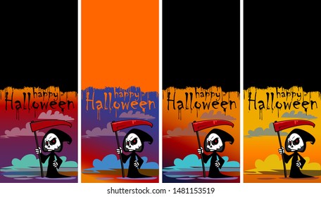 Happy halloween collections banner vertical design. Grim reaper with scythe.