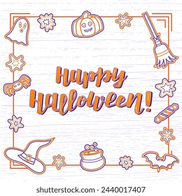 Happy Halloween color lettering phrase on textured background. Hand drawn vector illustration with text decor for poster or template. Positive motivational festive quote with icons for banner or print