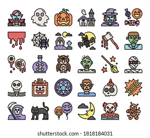 happy halloween color outline vector icons pixel perfect