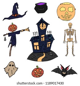 Happy halloween color vector icon set flying ghost, skeleton, pumpkin head scarecrow, graveyard, vampire bat, witch pot, evil moon. Trick or treat. Fall celebration. Witchcraft magic. Cartoon horror.