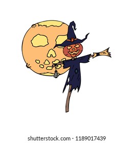Happy halloween color vector icon moon pumpkin head scarecrow. Trick or treat. Cute naive doodle, spooky element. Graveyard, monster, fall celebration. Witchcraft and magic cartoon horror illustration