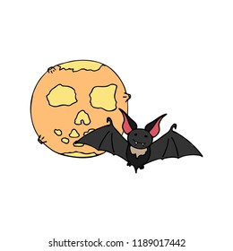 Happy halloween color vector icon with cute vampire bat, moon. Trick or treat. Cute naive doodle, spooky element. Graveyard, monster, fall celebration. Witchcraft, magic. Cartoon horror illustration.