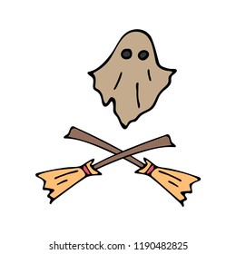 Happy halloween color vector icon set evil ghost, witch broom. Trick or treat. Cute doodle, spooky element. Graveyard, monster, fall celebration. Witchcraft and magic art. Cartoon horror illustration
