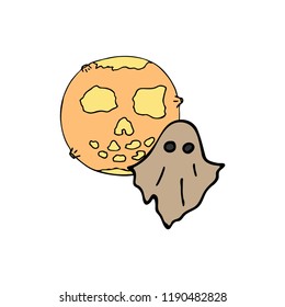 Happy halloween color vector icon evil moon flying ghost. Trick or treat. Cute naive doodle, spooky element. Graveyard, monster, fall celebration. Witchcraft and magic art. Cartoon horror illustration