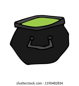Happy halloween color vector icon black witch potion pot. Trick or treat. Cute naive doodle, spooky element. Graveyard, monster, fall celebration. Witchcraft and magic art. Cartoon horror illustration