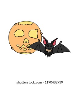 Happy halloween color vector icon with cute vampire bat, moon. Trick or treat. Cute naive doodle, spooky element. Graveyard, monster, fall celebration. Witchcraft, magic. Cartoon horror illustration.