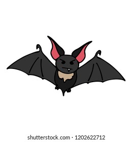 Happy halloween color vector icon with cute vampire bat. Trick or treat. Cute naive doodle, spooky element. Graveyard, monster, fall celebration. Witchcraft and magic art. Cartoon horror illustration.