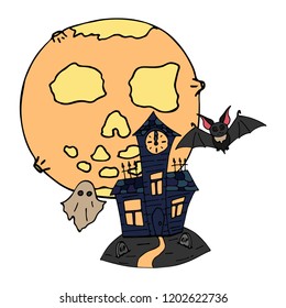 Happy halloween color vector icon moon graveyard crypt with vampire bat and ghost. Trick or treat. Cute spooky element. Cemetery, monster, fall celebration. Witchcraft, magic. Background illustration.