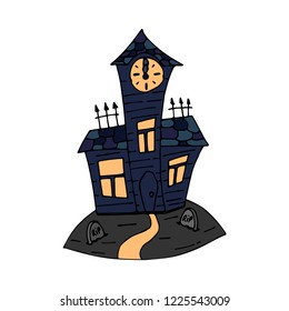 Happy halloween color vector icon evil graveyard crypt. Trick or treat. Cute naive doodle, spooky element. Graveyard, monster, fall celebration. Witchcraft and magic art. Cartoon horror illustration.