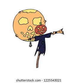 Happy halloween color vector icon moon pumpkin head scarecrow. Trick or treat. Cute naive doodle, spooky element. Graveyard, monster, fall celebration. Witchcraft and magic cartoon horror illustration