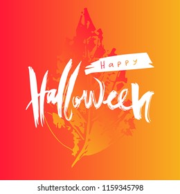Happy halloween. Colorful calligraphy. Vector lettering with leaf stamp