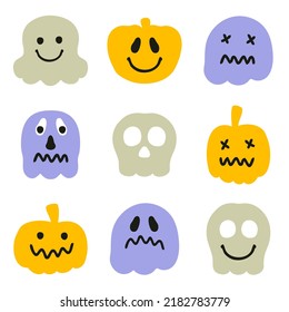 Happy halloween colorful cartoon characters clipart collection. Perfect for T-shirt, stickers, poster, card. Doodle isolated vector illustration for decor and design.
