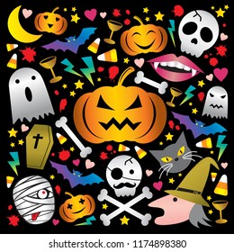 Happy Halloween colorful cute vector. Pumpkin head, ghost, bat, mummy, pirate skull, witch head, black cat head, vampire bucktooth, moon, candy corn and party graphic on black background.