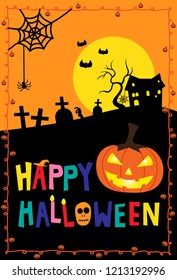 Happy Halloween colorful font with jack o' lantern pumpkin vector. The haunted house, graves, monster tree, idle hand, spider web, bats and moon is background with frame of pumpkins hand drawn line.