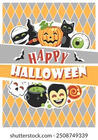 Happy Halloween. Colorful greeting card with cute festive elements. Flat design. Vector illustration.