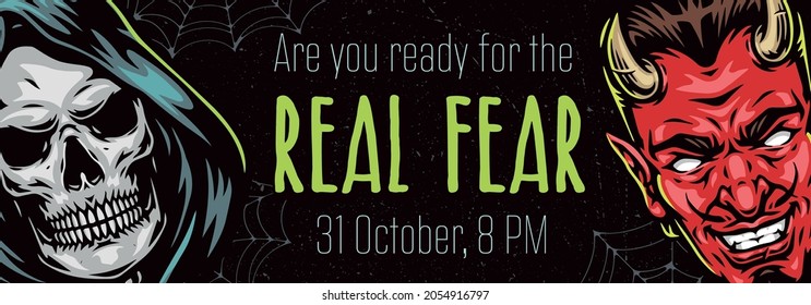 Happy Halloween colorful horizontal banner in vintage style with advertising inscription spiderweb spooky horned devil head and grim reaper in hood vector illustration