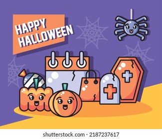 Happy halloween colorful horizontal poster with hanging spiders, october calendar, pumpkins, tombstone and a trick or treat candy bag 