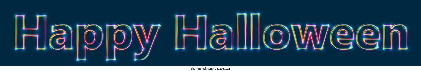 Happy Halloween - Colorful multi-layered outline text with glowing light effect on blue background.