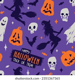 Happy Halloween colorful pattern seamless with festive pumpkins and ghosts or skulls near sorceress women flying on broomstick vector illustration