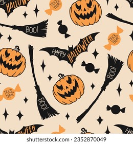 Happy Halloween colorful pattern seamless with orange pumpkins and witch broom near sweets with words trick or treat vector illustration