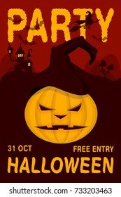 Happy Halloween colorful poster or banner vector template with angry pumpkin. All Hallows Eve placards
