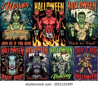 Happy Halloween colorful posters in vintage style with spooky male and female zombies devil and fireballs vampire girl head scary witch mummy voodoo ragdoll vector illustration