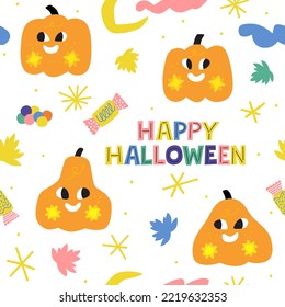 Happy Halloween. Colorful seamless pattern with smiling pumpkins. Autumn seasonal art. Spooky party design element.