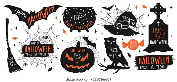 Happy Halloween colorful set flyers with scary pumpkin or bat and grave stone with trick or treat slogans vector illustration