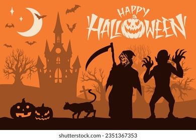 Happy Halloween colorful set stickers with scythe death and zombies near cats and witch jump castle vector illustration