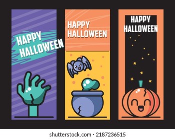 Happy halloween colorful set of vertical banners spooky hand, bat and cute pumpkin themes