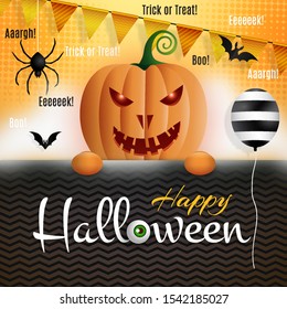Happy Halloween. Colorful template for holiday advertising card, flyer, poster, banner. Decorated scary pumpkin character, balloon, spider, bat, flags, smoke and holiday message.