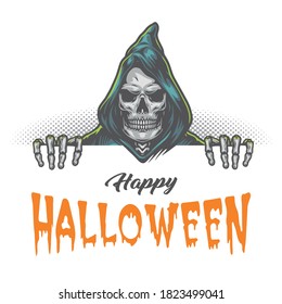 Happy Halloween colorful template in vintage style with calligraphic inscription and spooky grim reaper in hood isolated vector illustration