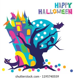 Happy Halloween colorful typography with a mysterious haunted stooping house with eerie windows and a spooky crooked tree with a spider web and owl and a flying bat near a full blue moon