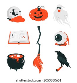 Happy Halloween - colorful vector design style objects on white background. Traditional autumn holiday elements. Black and red images of a pumpkin, broom and cauldron, spell book, witch, ghost