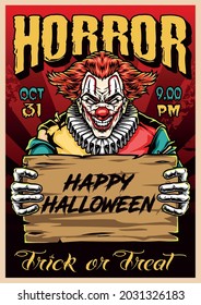 Happy Halloween colorful vintage poster with scary clown holding wooden board on radial background vector illustration