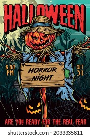 Happy Halloween colorful vintage poster with creepy scarecrow with pumpkin head cobweb wooden plank with Horror Night lettering on gravestone and corn plants background vector illustration