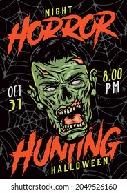 Feliz Afiche de Halloween colorido y vintage con inscripciones cruentas cabeza zombie y telaraña sobre ilustración vectorial de fondo oscuro