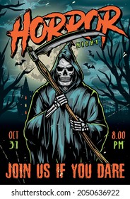 Happy Halloween colorful vintage poster with grim reaper in hood holding scythe on haunted house flying bats dry trees cemetery moon background vector illustration
