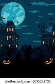Happy Halloween colorful vintage poster with creepy pumpkins gravestones dry trees haunted houses flying bats cat and full moon vector illustration
