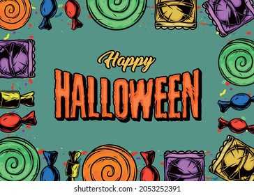 Happy Halloween colorful vintage template with candies lollipops and confetti vector illustration