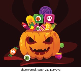 happy halloween colorfull candy with scary pumpkin vector illustrations